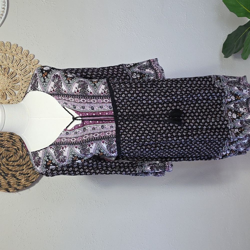 Knox Rose Purple and Black Patterned Tunic Dress Womens L Boho Western Flowy EUC - Picture 8 of 11